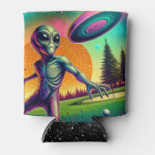 Alien Disc Golf met Planet Achtergrond Blikjeskoeler (Voorkant)