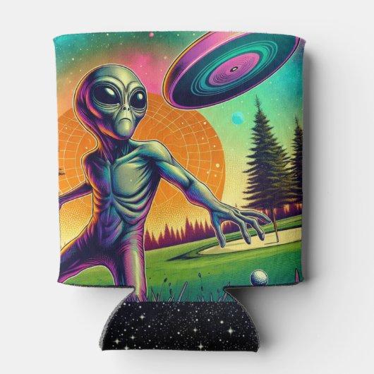 Alien Disc Golf met Planet Achtergrond Blikjeskoeler (Achterkant)
