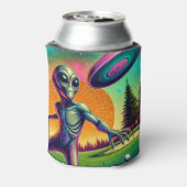 Alien Disc Golf met Planet Achtergrond Blikjeskoeler (Blikje Achterkant)