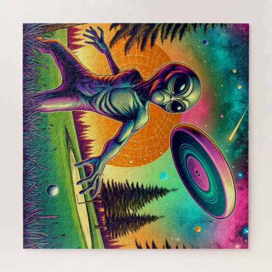 Alien Disc Golf met Planet Achtergrond Legpuzzel (Horizontaal)