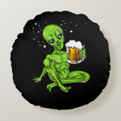 Alien Drink Beer Space UFO-kosmische partij Rond Kussen (Voorkant)