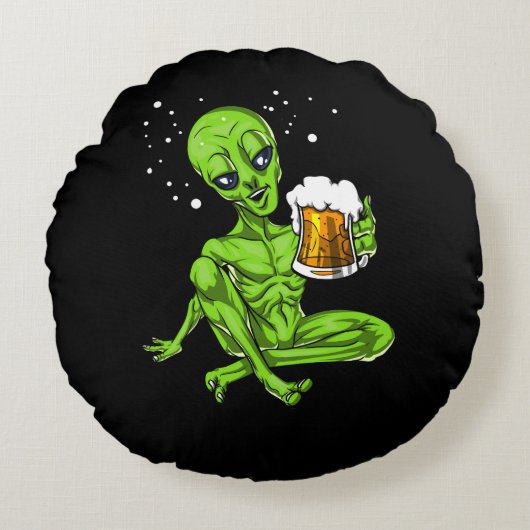 Alien Drink Beer Space UFO-kosmische partij Rond Kussen (Voorkant)