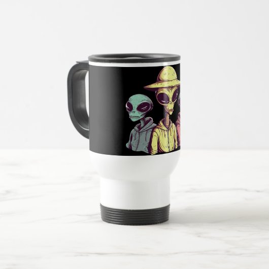 Alien Duo Koffiemok – Retro Sci-Fi Reisbeker (Voorkant links)