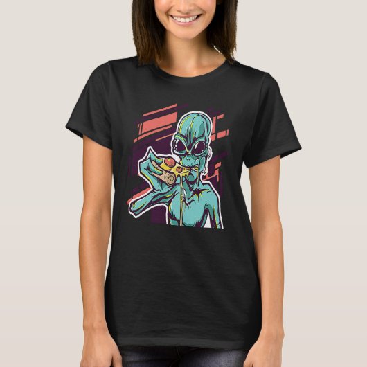 Alien Eating Pizza Modern UFO Martian T-shirt (Voorkant)