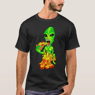 Alien Eating Pizza UFO buitenaards T-shirt