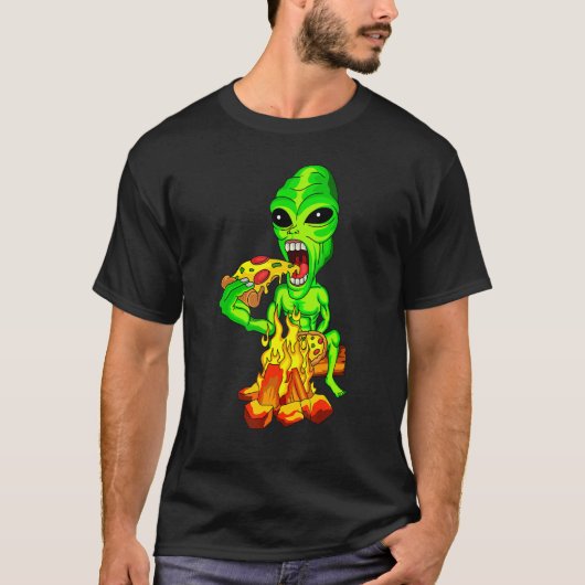 Alien Eating Pizza UFO buitenaards T-shirt (Voorkant)