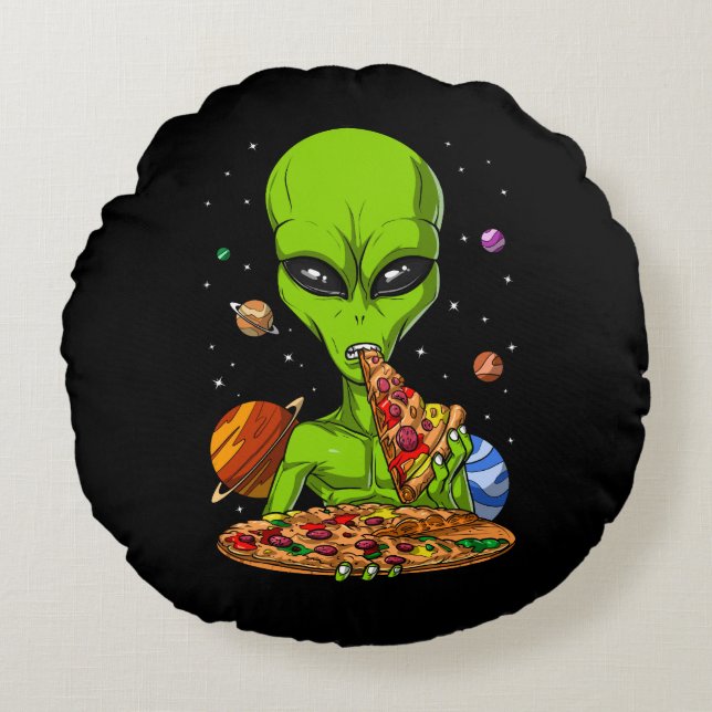 Alien Eating Space Pizza Rond Kussen (Voorkant)