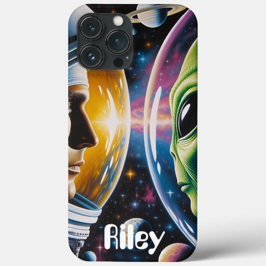 Alien en astronaut in de ruimte gepersonaliseerd Case-Mate iPhone case (Achterkant)