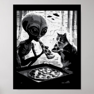 Alien en Cat Eating Pizza Funny Snack Food Mannen Poster