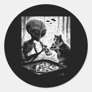 Alien en Cat Eating Pizza Funny Snack Food Mannen Ronde Sticker