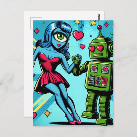 Alien en een Robot in Liefde Briefkaart (Voorkant / Achterkant)