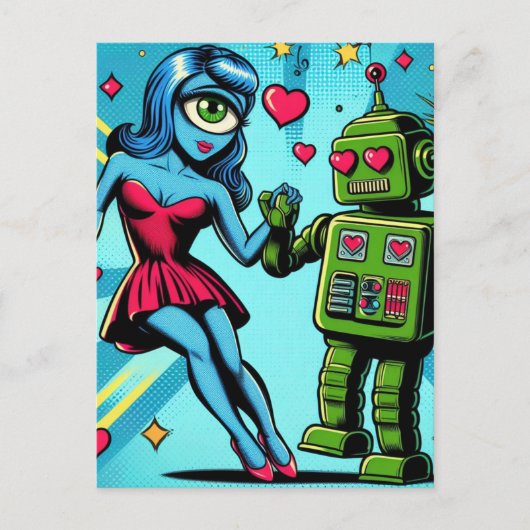 Alien en een Robot in Liefde Briefkaart (Voorkant)