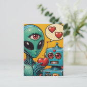 Alien en een Robot in Liefde Briefkaart (Staand voorkant)
