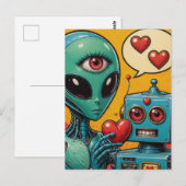 Alien en een Robot in Liefde Briefkaart (Voorkant / Achterkant)