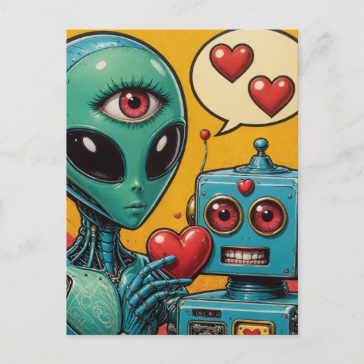 Alien en een Robot in Liefde Briefkaart (Voorkant)