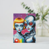 Alien en een Robot in Liefde Rainbow Briefkaart (Staand voorkant)