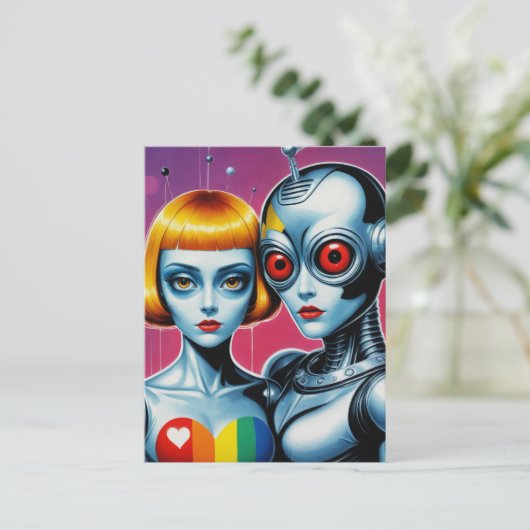 Alien en een Robot in Liefde Rainbow Briefkaart (Staand voorkant)