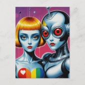 Alien en een Robot in Liefde Rainbow Briefkaart (Voorkant)