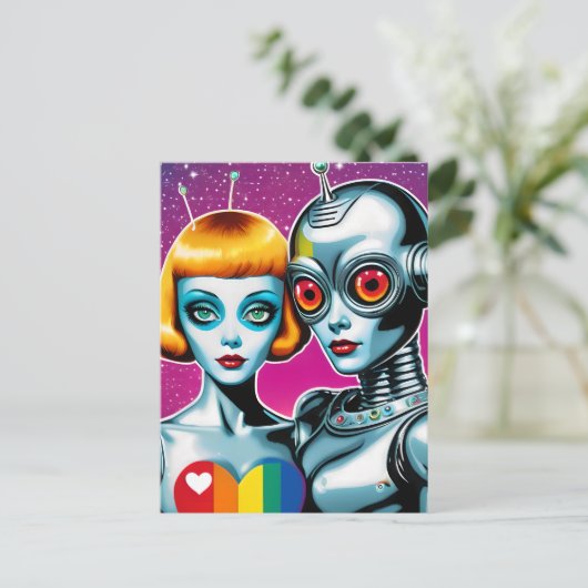 Alien en een Robot in Love Pride Briefkaart (Staand voorkant)