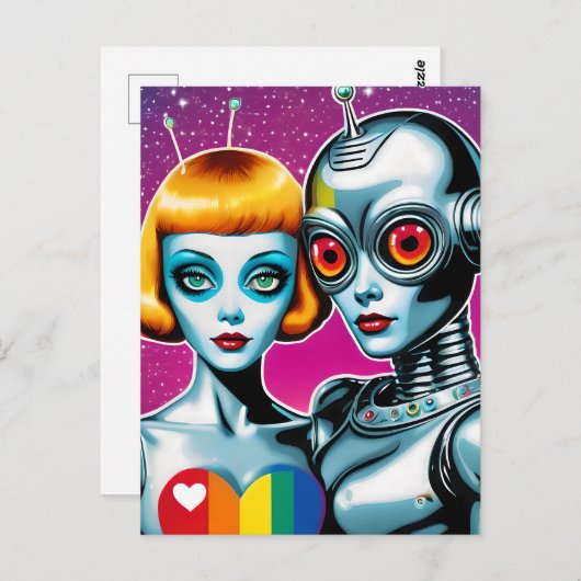 Alien en een Robot in Love Pride Briefkaart (Voorkant / Achterkant)