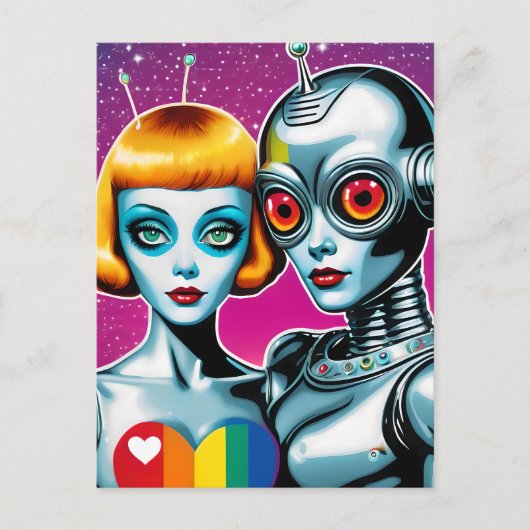 Alien en een Robot in Love Pride Briefkaart (Voorkant)
