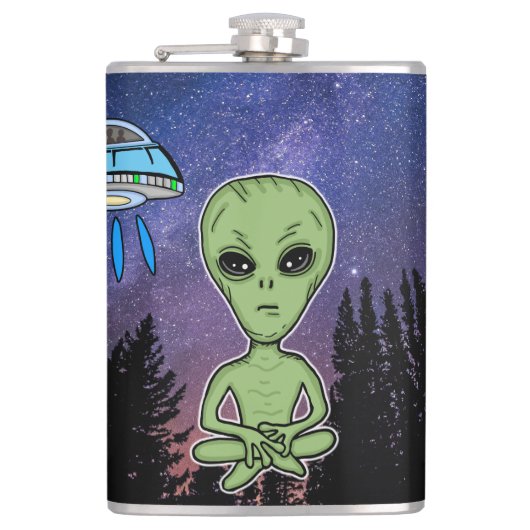 Alien en en UfO op Sterrennacht Heupfles (Voorkant)
