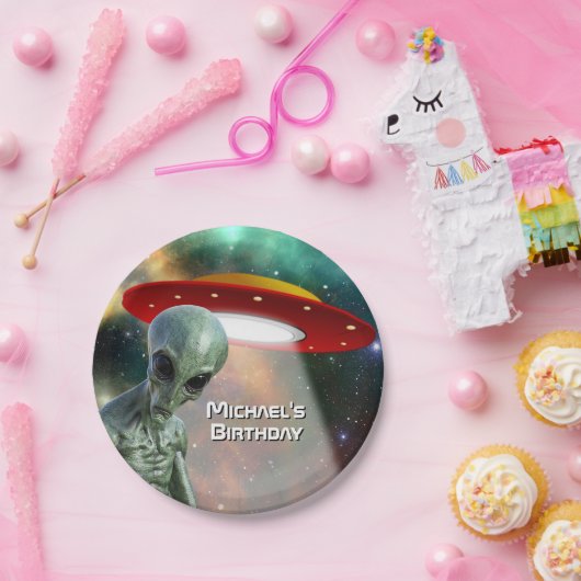 Alien en en UFO personaliseren Papieren Bordje (Feest)