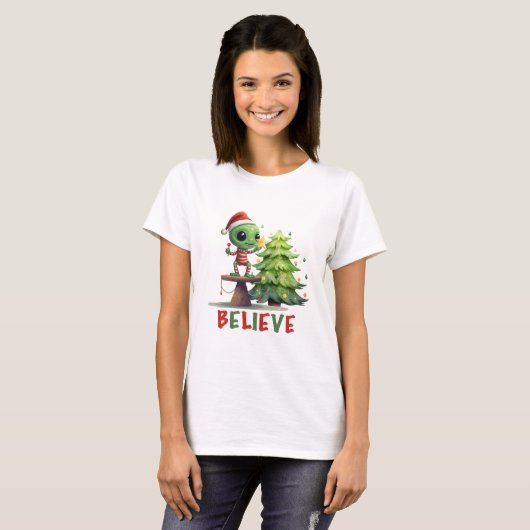 Alien en Kerstboom T-shirt (Voorkant volledig)