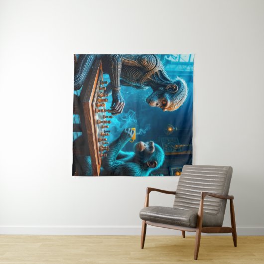 Alien en Monkey spelen schaak met koffie Wandkleed (In Situ (horizontaal))