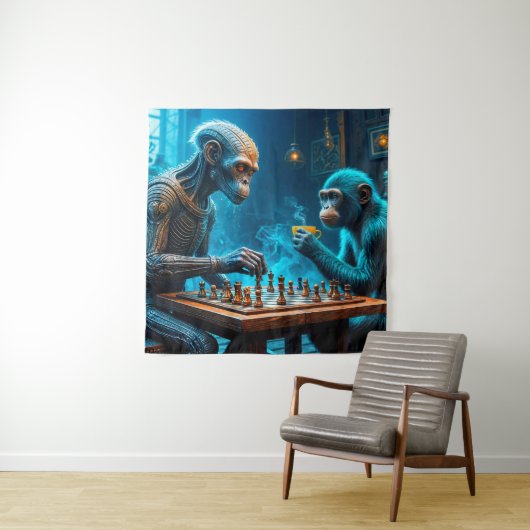 Alien en Monkey spelen schaak met koffie Wandkleed (In situ)