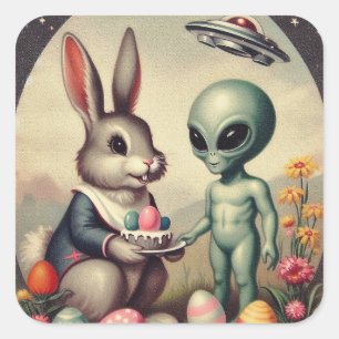 Alien en paashaas Kitsch schilderij Vierkante Sticker
