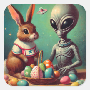 Alien en paashaas Kitsch schilderij Vierkante Sticker