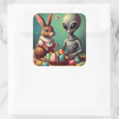 Alien en paashaas Kitsch schilderij Vierkante Sticker (Tas)
