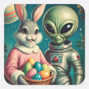 Alien en paashaas Kitsch schilderij Vierkante Sticker