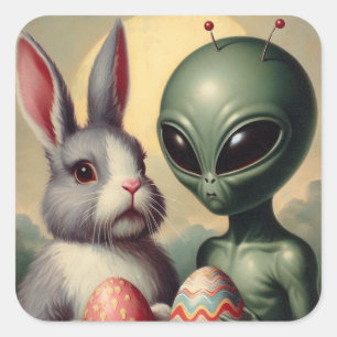 Alien en paashaas Kitsch schilderij Vierkante Sticker