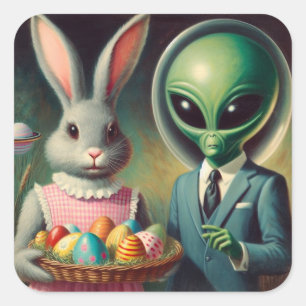 Alien en paashaas Kitsch schilderij Vierkante Sticker