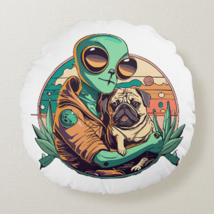 Alien en Pug Rond Kussen