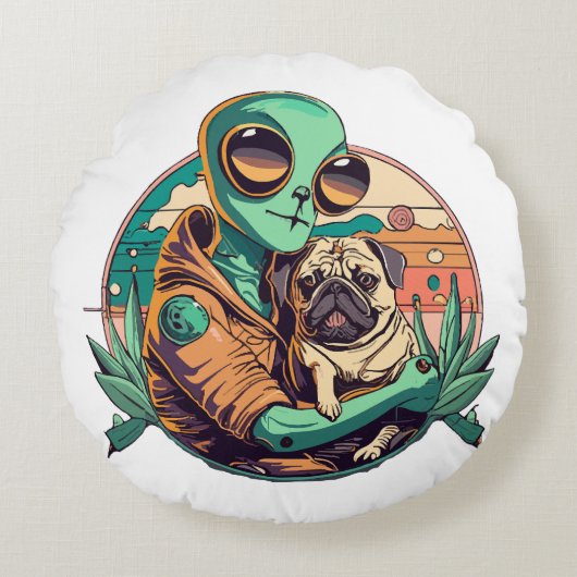 Alien en Pug Rond Kussen (Voorkant)