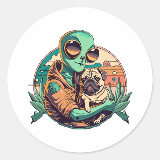 Alien en Pug Ronde Sticker (Voorkant)