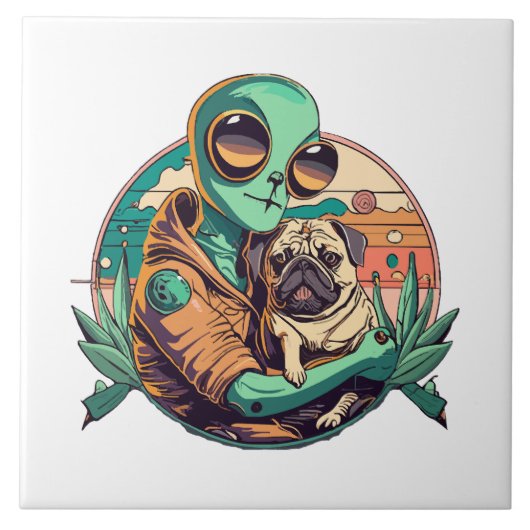 Alien en Pug Tegeltje (Voorkant)