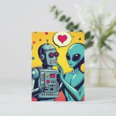 Alien en robot in liefde briefkaart (Staand voorkant)