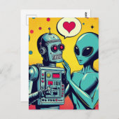 Alien en robot in liefde briefkaart (Voorkant / Achterkant)