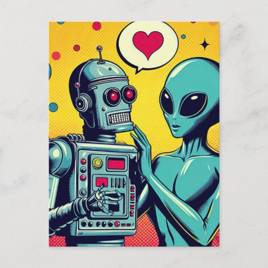 Alien en robot in liefde briefkaart (Voorkant)