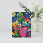 Alien en Robot in Love Retro Comic Briefkaart (Staand voorkant)