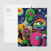 Alien en Robot in Love Retro Comic Briefkaart (Voorkant / Achterkant)