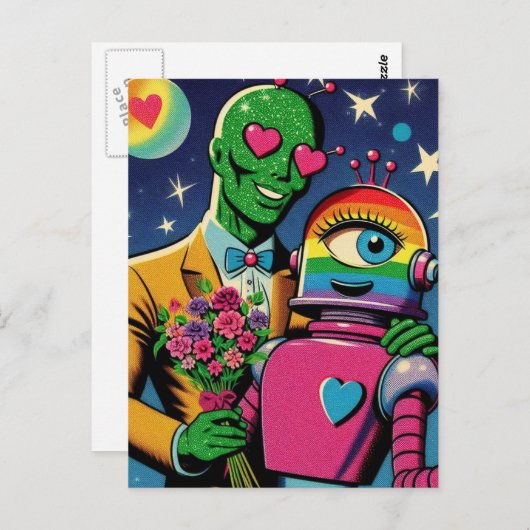 Alien en Robot in Love Retro Comic Briefkaart (Voorkant / Achterkant)