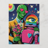Alien en Robot in Love Retro Comic Briefkaart (Voorkant)