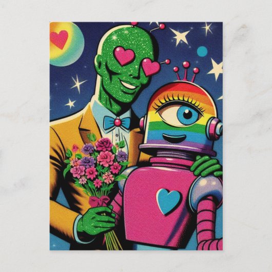 Alien en Robot in Love Retro Comic Briefkaart (Voorkant)