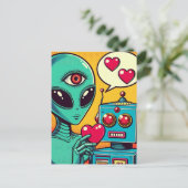 Alien en Robot in Love Retro Comic Briefkaart (Staand voorkant)