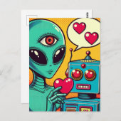 Alien en Robot in Love Retro Comic Briefkaart (Voorkant / Achterkant)